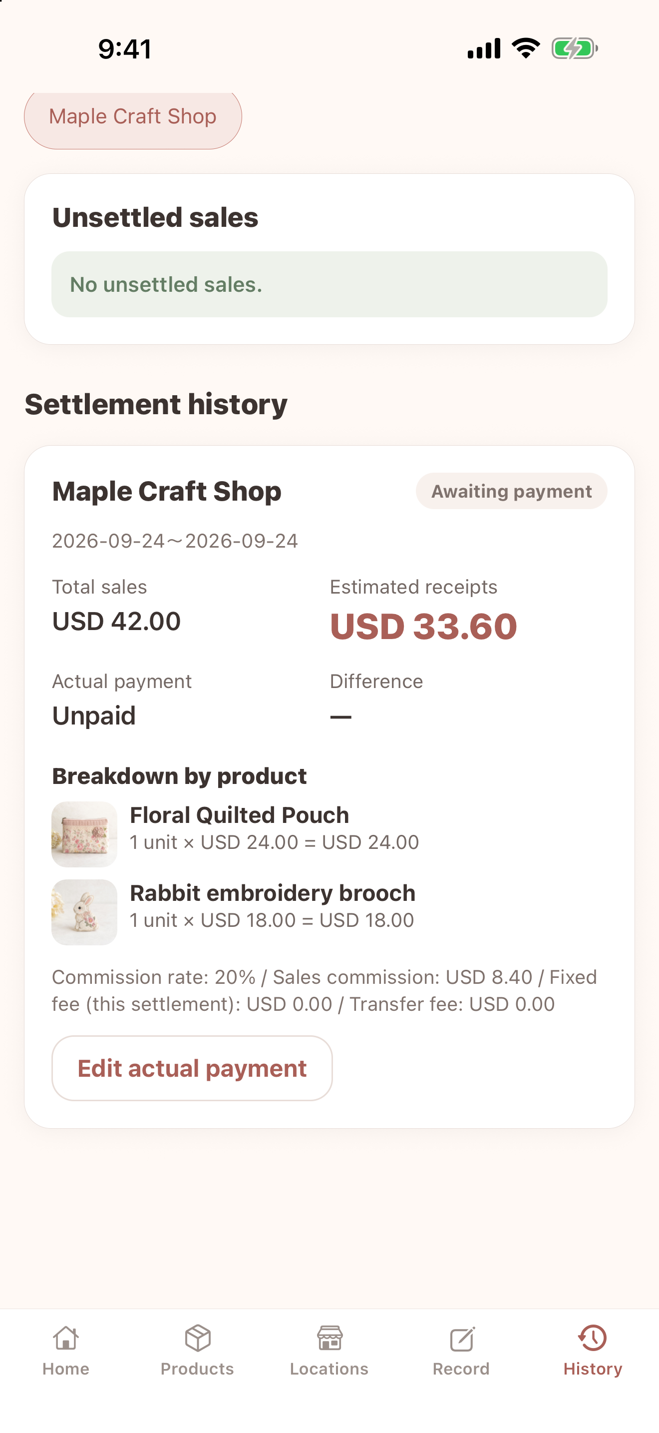 Sales, fees and expected payouts